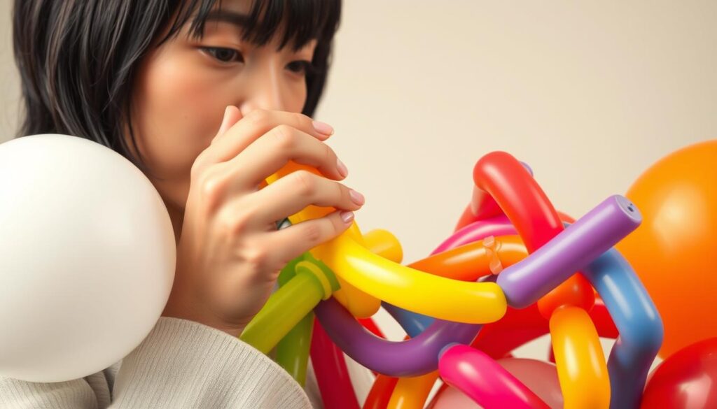 A detailed close-up view of a balloon artist's hands deftly manipulating various colorful balloons, showcasing their exceptional balloon twisting techniques. The subject is set against a clean, neutral background, allowing the focus to remain on the intricate balloon-shaping process. Soft, directional lighting subtly accentuates the textures and shapes of the balloons, creating a visually captivating and informative illustration of the fundamental balloon art techniques. The model has a young, Japanese-inspired appearance with black hair, presented in a realistic photographic style.