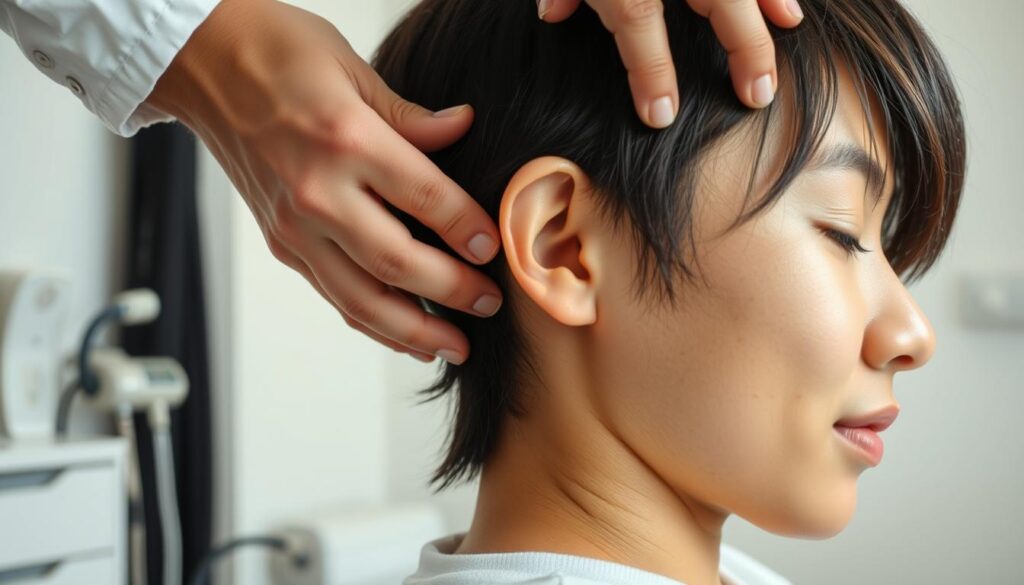 A detailed closeup of a chiropractor's hands performing a spinal adjustment on a young Japanese patient. The chiropractor's skilled fingers precisely manipulate the patient's vertebrae, applying gentle pressure to realign the spine. The treatment room is brightly lit, with clean white walls and medical equipment visible in the background. The patient's face is partially obscured, but their expression conveys a sense of relief and relaxation as the treatment progresses. The scene conveys the technical expertise and care involved in chiropractic adjustments.