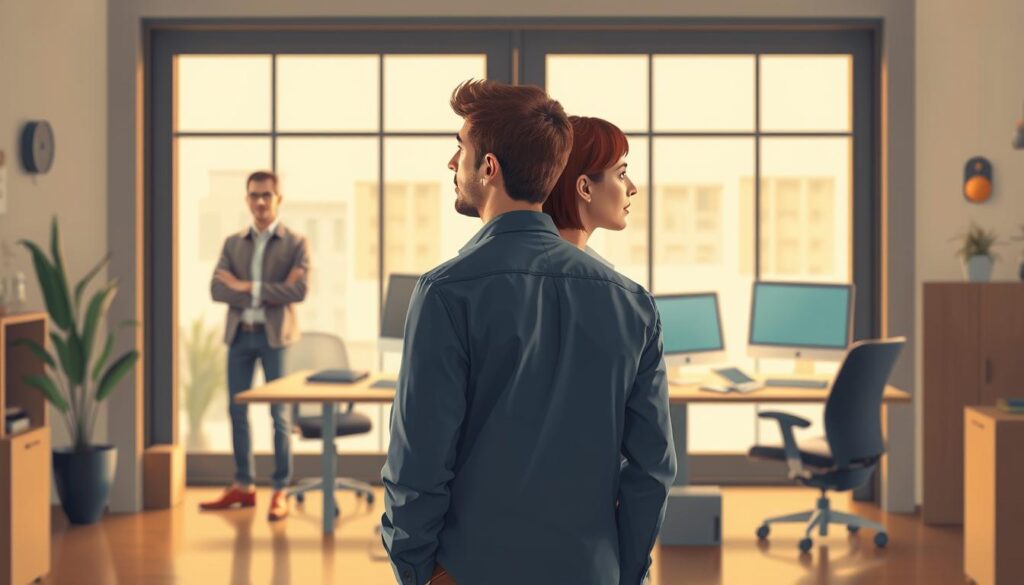 A detailed comparative illustration of a freelance worker and a full-time employee, captured in a realistic photographic style. The foreground depicts the two individuals standing side-by-side, conveying their distinct employment statuses through their attire and demeanor. The middle ground showcases their work environments, emphasizing the contrasts in their respective workspaces. The background provides a subtle yet informative context, hinting at the broader implications of their employment choices. The lighting is natural and warm, creating a sense of authenticity. The image aims to visually encapsulate the key differences and characteristics between the freelance and full-time employment models.