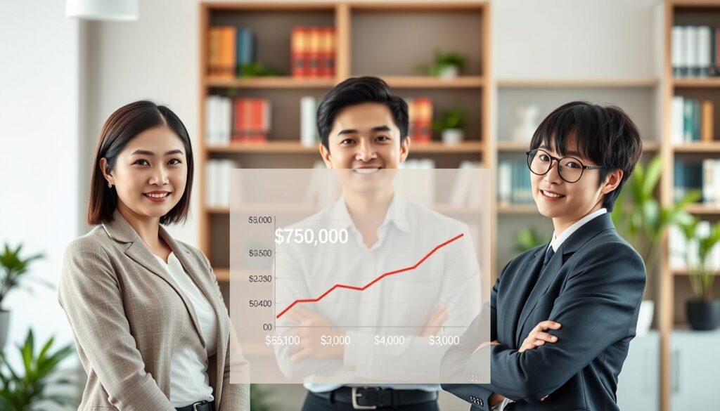 A detailed comparison of annual incomes for career consultants in various employment types. In the foreground, three young Japanese-looking professionals in business attire stand side by side, representing different employment statuses - a full-time employee, a freelancer, and a business owner. Their poses and expressions convey confidence and expertise. The middle ground features a minimalist infographic visualizing the income differences, using clean lines and a muted color palette. The background has a blurred, professional office setting with bookshelves and potted plants, evoking an atmosphere of knowledge and success. Soft, even lighting creates a polished, realistic look, as if captured by a high-quality camera lens.