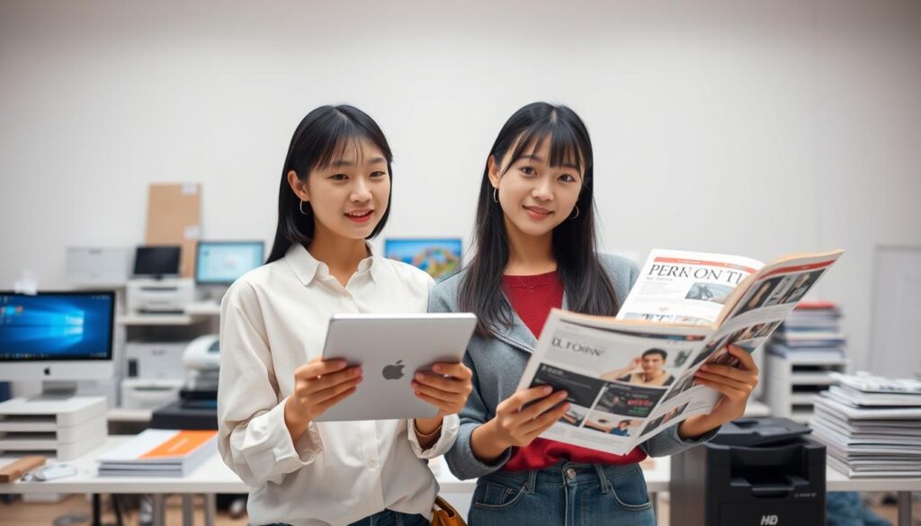 A detailed comparison of digital and print media, showcasing their distinct characteristics. In the foreground, two young Japanese models, one holding a tablet and the other a printed magazine, highlighting the contrast between the two mediums. The middle ground features an array of design elements, such as computer screens, printers, and stacks of paper, illustrating the technical aspects of each format. The background encompasses a minimalist, well-lit studio setting, creating a clean and professional atmosphere. The lighting is soft and diffused, emphasizing the tactile qualities of the print material and the crisp, vibrant display of the digital device.