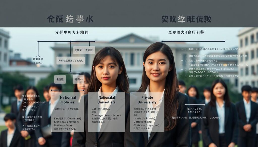 A detailed comparison of staff composition between national and private universities, featuring young, Japanese-looking individuals in a realistic photographic style. The foreground showcases a group of university employees in professional attire, highlighting their distinct roles and responsibilities. The middle ground presents contrasting organizational structures, policies, and funding sources for national and private institutions. The background subtly conveys the academic atmosphere, with campus buildings and subtle lighting providing context. The overall mood is one of informative professionalism, allowing the viewer to appreciate the nuances between these two university systems.