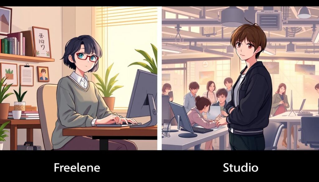 A detailed comparison of the working styles of two character designers, one freelance and one employed at a studio. The freelance designer is shown working at a desk in a cozy, well-lit home office, while the studio designer is depicted in a bustling, open-concept workspace surrounded by colleagues. Both models have youthful, Japanese-inspired facial features and wear casual, contemporary attire. The scene conveys a sense of professionalism and creative focus, capturing the nuances of these distinct career paths.