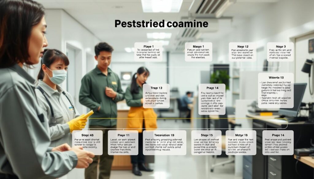 A detailed daily pest control schedule and workflow diagram depicting a team of young Japanese-looking professionals conducting thorough inspections, preparing treatments, and monitoring results in a realistic photographic style. The foreground shows the team members coordinating their tasks, the middle ground showcases the step-by-step process flow, and the background provides a clean, well-lit office environment with modern equipment and tools. The overall mood is professional, organized, and focused on delivering efficient and effective pest management services.