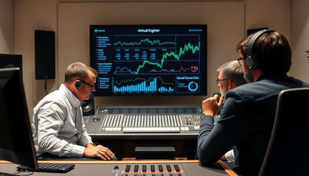 A detailed, data-driven analysis of the annual income of recording engineers, presented with a modern, clean aesthetic. A group of three professionals in the field, seated at a sleek, minimalist recording studio console, intently examining financial charts and graphs projected on a large screen behind them. Soft, even lighting illuminates their focused expressions, conveying the serious, analytical nature of the subject matter. The scene captured from a slightly elevated angle, giving a sense of authority and precision to the proceedings. An atmosphere of thoughtful deliberation, as the engineers delve into the complexities of their profession's earning potential.