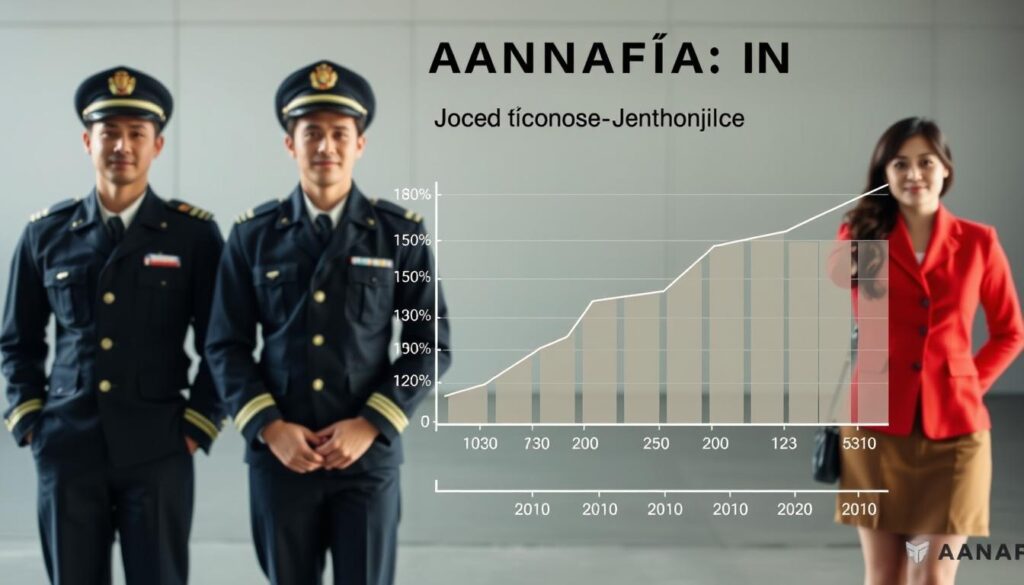 A detailed data visualization depicting the average annual income of Japanese pilots, showcasing a group of professional aviators in a realistic, photographic style. The foreground features three pilots, each with distinct facial features and hair colors, dressed in their uniform attire, standing with confident postures. The middle ground includes a graph or chart displaying the income data, presented in a clean, infographic-like manner. The background maintains a neutral, slightly blurred setting, allowing the main subjects and data visualization to take center stage. The lighting is soft and natural, creating a sense of depth and dimensionality. The overall mood is one of professionalism, authority, and attention to detail, reflecting the serious nature of the pilot's occupation and the importance of the data being presented.