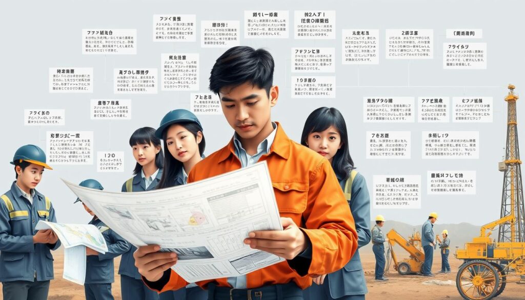 A detailed depiction of a career path for oil drillers, featuring a group of young Japanese-looking individuals showcasing the various stages and roles within the profession. The foreground highlights a central figure examining technical diagrams, flanked by colleagues discussing project plans and operating drilling equipment. The middle ground depicts trainees undergoing hands-on training, while the background showcases the diverse range of responsibilities, from site surveying to maintenance and management. The scene is captured with a realistic photographic style, emphasizing the collaborative nature of the industry and the skill required to excel as a driller.