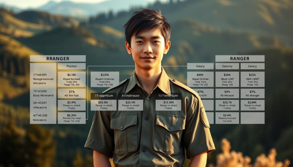 A detailed diagram showcasing the career progression and compensation structure of a ranger. In the foreground, a young, dark-haired Japanese man in a ranger's uniform stands confidently, radiating dedication and professionalism. In the middle ground, a structured chart outlines the various ranger positions, salaries, and advancement opportunities, rendered in a sleek, minimalist style. The background features a serene, naturalistic landscape of rolling hills and dense forests, symbolizing the ranger's role as a steward of the wilderness. Soft, warm lighting casts a contemplative mood, highlighting the thoughtful, analytical nature of the content. The overall composition conveys the comprehensive, analytical nature of the ranger's career path and income potential.