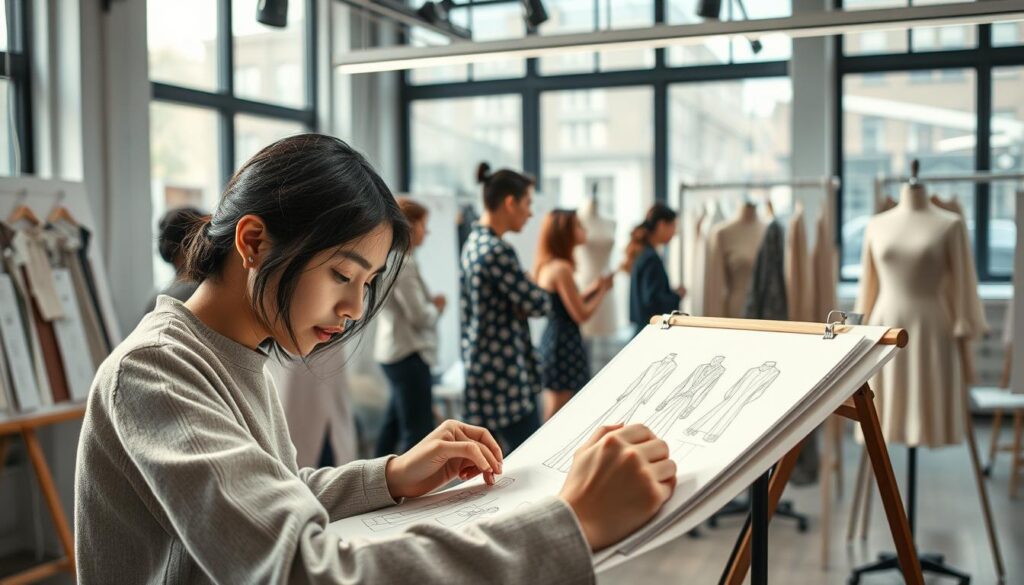 A detailed fashion design process unfolds in a modern studio setting. In the foreground, a young Japanese designer meticulously sketches new garment concepts, their nimble hands bringing ideas to life. In the middle ground, a team of designers collaborate, animatedly discussing fabric samples and mood boards. Soft, natural light filters in through large windows, illuminating the workspace. The atmosphere is one of focused creativity and teamwork, as the designers navigate the iterative process of transforming conceptual designs into tangible prototypes. A sense of anticipation and possibility permeates the scene, capturing the essence of the fashion design enterprise.