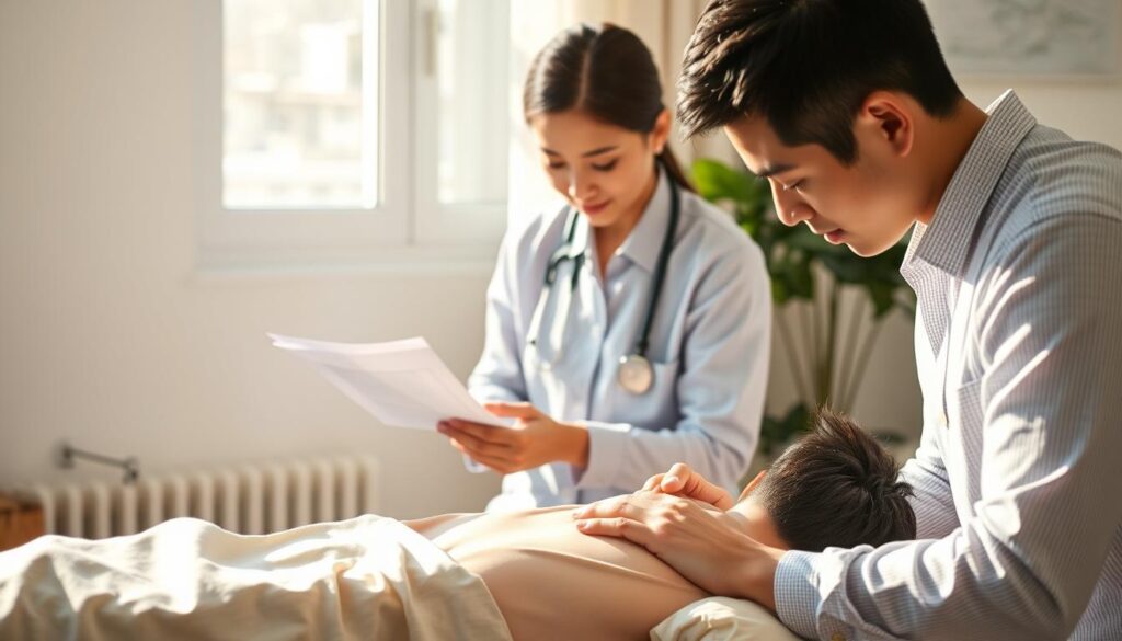 A detailed financial analysis of a young Japanese chiropractor's income sources and earning potential. The scene depicts three figures - a chiropractor in the foreground performing an adjustment on a patient, while a third person examines financial documents in the background. The lighting is soft and natural, creating a serene, professional atmosphere. The composition emphasizes the chiropractor's skilled hands and the patient's relaxed expression, conveying the expertise and care at the heart of this specialized healthcare field. The financial documents in the background suggest the careful analysis of earnings, costs, and the economic viability of this vocation. The overall mood is one of thoughtful consideration of the career's remuneration and financial sustainability.