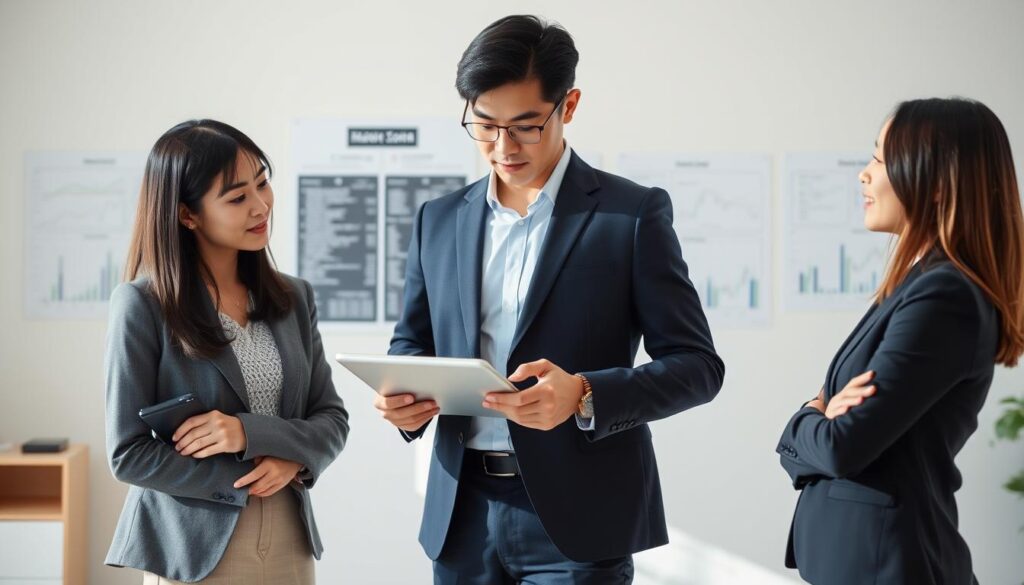 A detailed financial analysis of the average annual compensation for securities analysts, showcasing a thoughtful arrangement of three young, Japanese-looking individuals in a clean, professional setting. The central figure stands confidently, meticulously reviewing financial data displayed on a tablet, flanked by two colleagues engaged in discussion, all bathed in soft, natural lighting that accentuates their focused expressions. The background features a minimalist office environment, with subtle hints of organizational charts and stock market graphs to reinforce the analytical nature of their work.