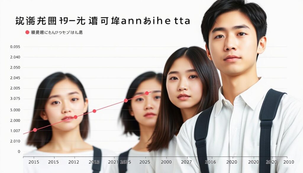 A detailed graph depicting the national examination pass rates for あん摩マッサージ指圧師, showcasing the statistical trends over the past decade. The image features a clean, minimalist design with a neutral color palette, allowing the data visualization to take center stage. The data points are presented in a clear, easy-to-interpret format, with subtle gridlines and annotations to guide the viewer's understanding. The models in the image are young, Japanese-looking individuals, depicted in a realistic photographic style that complements the serious, analytical nature of the data presentation.