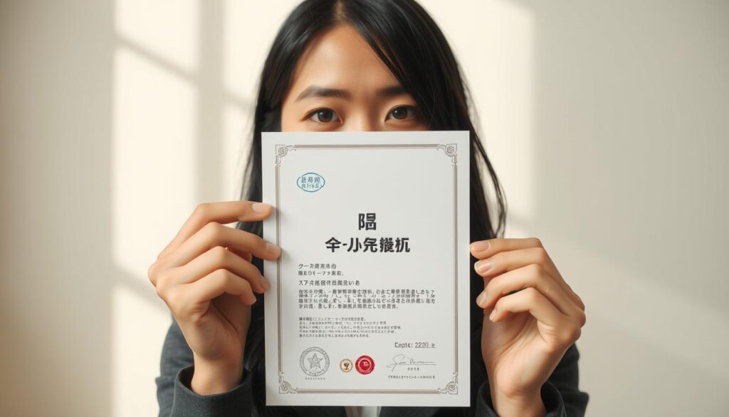 A detailed, high-resolution photograph of a Japanese person holding a professional certification document titled "カスタマエンジニア資格". The person is a young, attractive, black-haired individual with a realistic facial appearance. The document is prominently displayed in the foreground, with a clean, minimalist background that showcases the certification. The lighting is natural and soft, creating a warm, professional atmosphere. The camera is positioned at eye level, capturing the subject in a three-quarter view to highlight the certification and the person's expression of pride and accomplishment.