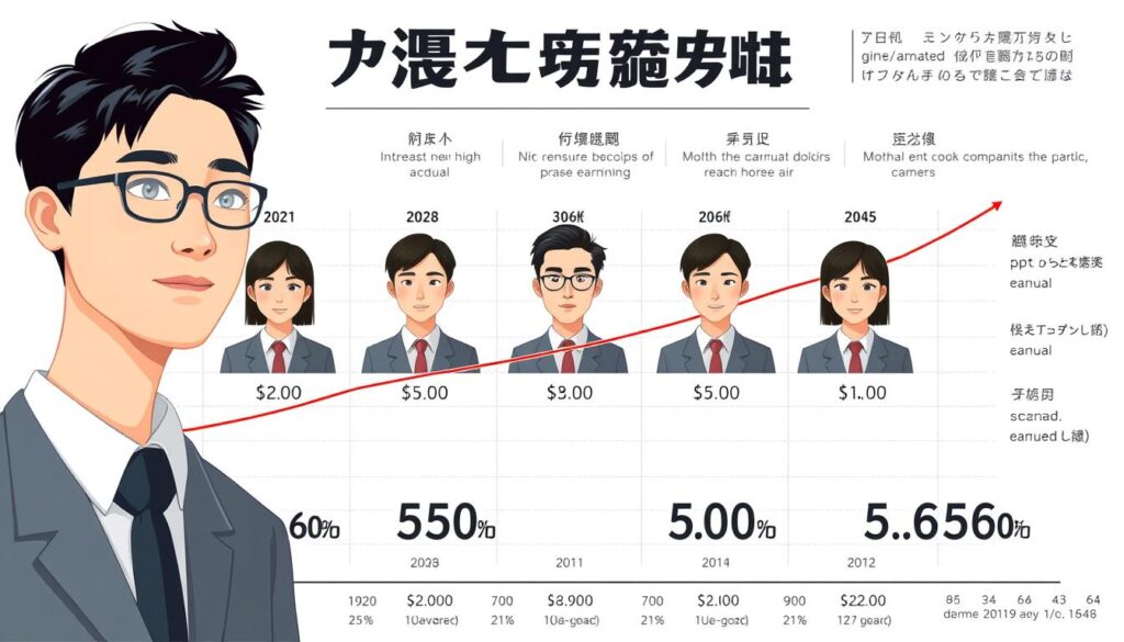 A detailed illustration depicting the career trajectory and compensation trends of a professional actuary. A neatly arranged infographic showcases the gradual increase in annual earnings over the years, represented by a group of young, professional-looking Japanese individuals with realistic facial features. The visualization is rendered in a clean, minimalist style using a neutral color palette, allowing the data to take center stage. Soft, natural lighting enhances the sense of clarity and authority, while the composition strikes a balance between informative and visually appealing.