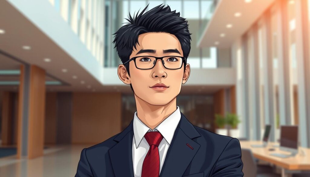 A detailed illustration of a young Japanese professional showcasing the benefits of obtaining a Technical Engineer certification. In the foreground, a sharp-featured person in a smart suit stands confidently, their expression conveying a sense of pride and accomplishment. The middle ground features a sleek, modern office setting with clean lines and neutral tones, symbolizing a thriving career. In the background, a warm, natural light filters through large windows, creating a serene and aspirational atmosphere. The lighting is soft and directional, highlighting the subject's determined gaze and the sense of progression embodied in the scene.