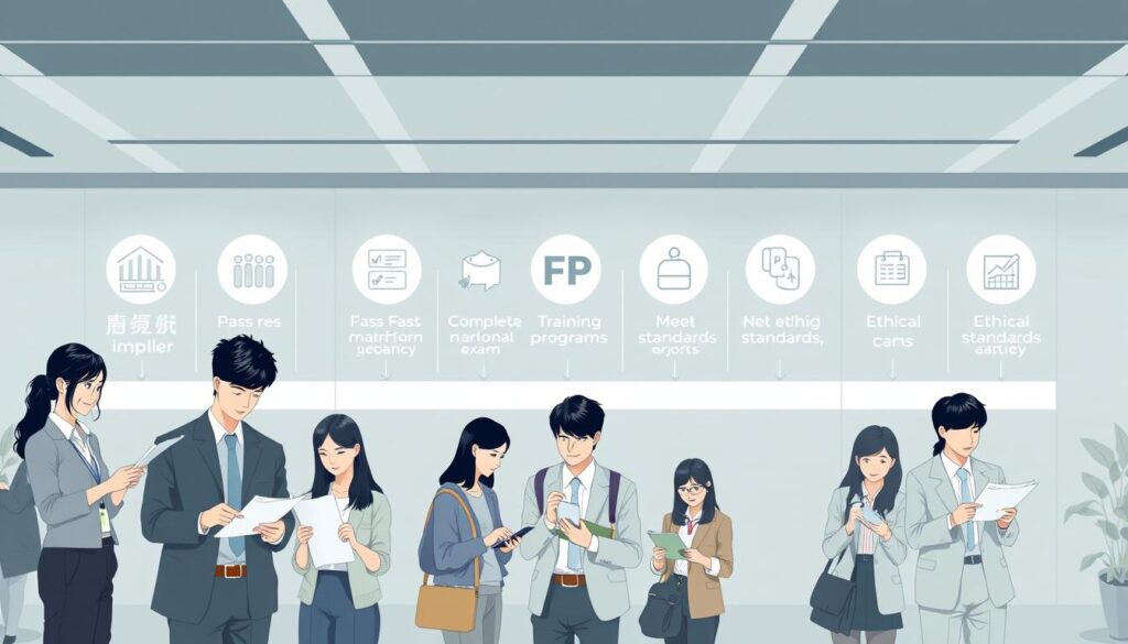 A detailed illustration of the essential requirements for obtaining the FP (Financial Planner) certification. The foreground showcases a group of young, professional-looking Japanese individuals engaged in various financial planning activities, such as analyzing documents, discussing strategies, and using digital devices. The middle ground features a series of icon-like graphics representing the key steps or criteria for acquiring the FP qualification, such as passing exams, completing training programs, and meeting ethical standards. The background sets a serene, office-like atmosphere with clean lines, muted colors, and subtle lighting, conveying a sense of diligence and professionalism. The overall composition aims to provide a comprehensive and visually engaging representation of the FP certification process.