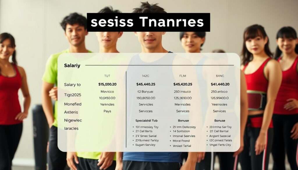 A detailed illustration of the income structure of a professional sports trainer. In the foreground, a group of young, Japanese-looking models in athletic wear stand together, conveying a sense of camaraderie and expertise. The middle ground features a clear breakdown of the various income sources, such as salary, bonuses, and specialized services, depicted through a clean, infographic-style layout. The background is softly blurred, creating a sense of focus on the central information. The lighting is natural and diffused, lending a professional, documentary-like atmosphere to the scene. The overall mood is one of informative clarity, reflecting the article's goal of comprehensively covering the sports trainer profession.