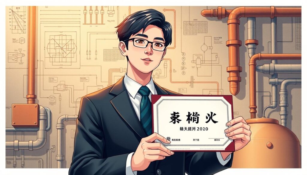 A detailed illustration showcasing the essential "上下水道コンサルタント資格" required for this specialized profession. The scene depicts a young, Japanese-looking man in a formal business attire, holding a certificate or diploma with the relevant credential prominently displayed. The figure is set against a backdrop of technical schematics, pipes, and engineering diagrams, conveying the technical expertise and knowledge needed for this role. The lighting is warm and focused, highlighting the importance and gravitas of the qualification. The overall composition and mood suggest the dedication, professionalism, and specialized training necessary to become a qualified "上下水道コンサルタント".