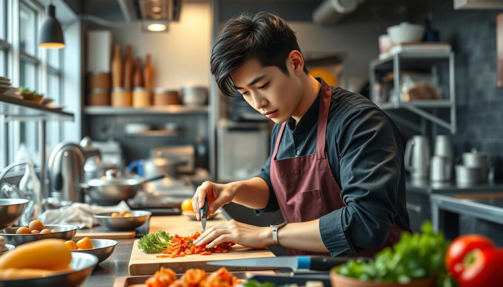 A detailed image of a young Japanese-looking food coordinator in a professional kitchen setting. The foreground features the coordinator carefully arranging colorful ingredients on a cutting board, with a focused, thoughtful expression. The middle ground showcases various cooking tools, utensils, and appliances used in food preparation. The background depicts a well-equipped, modern kitchen with stainless steel surfaces, shelves of ingredients, and natural light streaming in through large windows. The overall mood is one of calm professionalism, attention to detail, and the artistry involved in the food coordinator's work.
