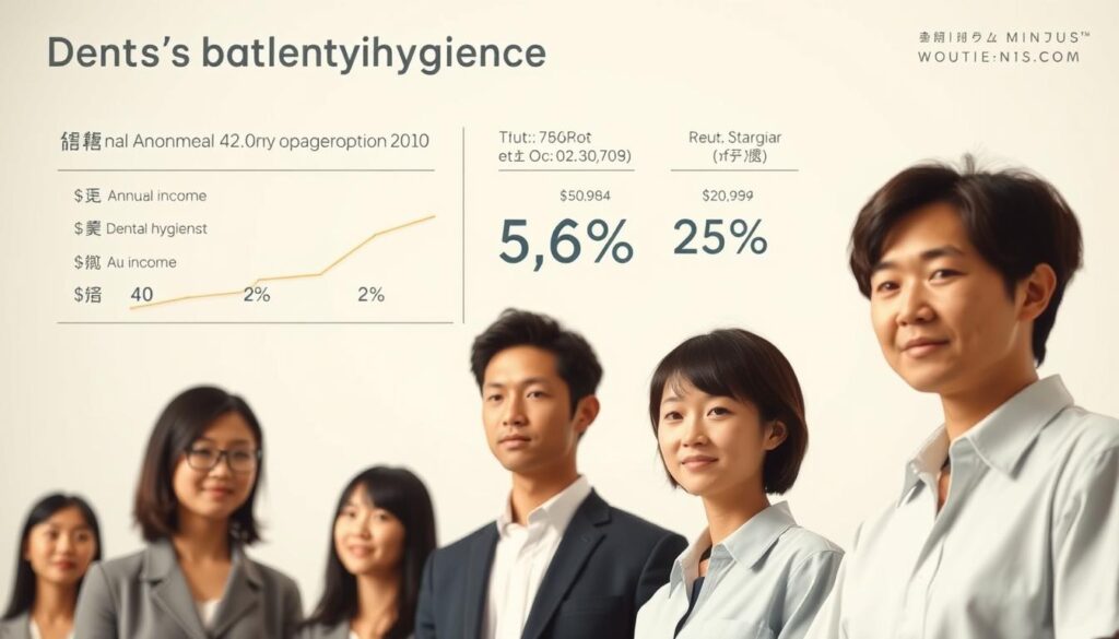 A detailed infographic depicting the average annual income and compensation structure of dental hygienists in Japan. A clean, minimalist layout with simple yet striking visualizations. The background features a soft, muted color palette, allowing the key data points to take center stage. In the foreground, a group of young, professional-looking Japanese individuals, both male and female, are shown in a realistic photographic style, conveying the human element behind the statistics. Subtle lighting and camera angles create a sense of depth and balance, drawing the viewer's attention to the core information. The overall aesthetic is informative yet visually appealing, designed to effectively communicate the topic within the context of the article.
