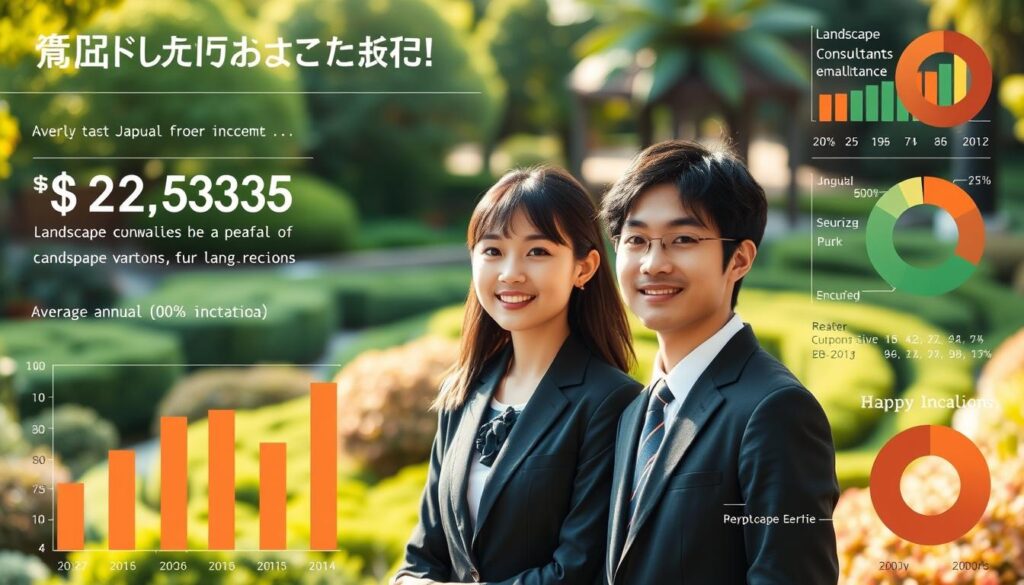 A detailed infographic showcasing the average annual income and financial realities of landscape consultants. The central focus is a trio of professionally dressed, youthful Japanese individuals, their expressions conveying a sense of professionalism and expertise. The background features a lush, verdant garden landscape, evoking the natural environment in which landscape consultants operate. Warm, natural lighting illuminates the scene, creating a balanced, inviting atmosphere. Subtle data visualizations, such as bar graphs and pie charts, are artfully integrated into the composition, providing a clear, data-driven analysis of the industry's earnings. The overall aesthetic strikes a balance between informative and visually captivating, making it an effective illustration for the article's targeted section.