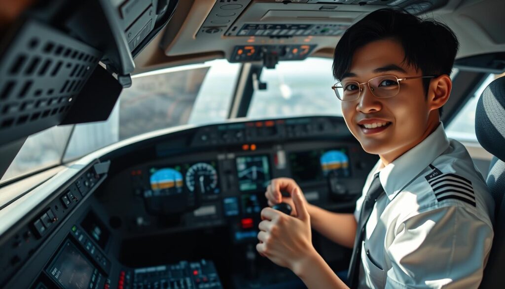 A detailed interior scene of a commercial aircraft cockpit, with a young Japanese pilot at the controls, surrounded by advanced instruments and displays. Soft, natural lighting illuminates the space, creating a sense of focus and professionalism. The pilot's hands confidently grasp the throttle and yoke, conveying skill and experience. In the background, a cityscape or scenic landscape can be seen through the windshield, suggesting the pilot's role in transportation and travel. The overall atmosphere is one of precision, technology, and the dedication required for this high-skilled occupation.