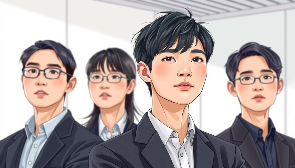 A detailed, lifelike illustration of a team of young Japanese-looking customer engineers, showcased against a clean, modern backdrop. The engineers are standing in a row, their expressions conveying a mix of focus and professionalism. They are dressed in formal attire, with a subtle emphasis on their technical skills and problem-solving abilities. The lighting is soft and natural, highlighting the intricate details of their faces and the textured fabrics of their clothing. The overall atmosphere is one of competence, precision, and a dedication to providing exceptional customer service.