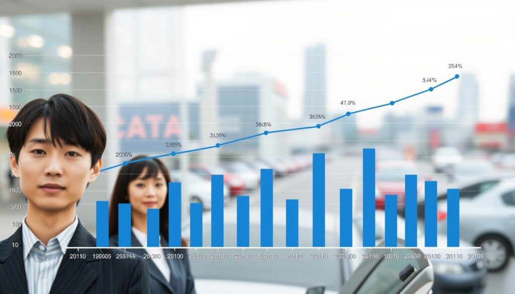 A detailed line graph depicting the average annual income of car dealership employees in Japan. The graph features a clean, modern design with a minimalist color palette of blues and grays. The data points are represented by stylized bar charts, each highlighting the average earnings for different positions within the dealership, such as sales staff, managers, and technicians. The background showcases a blurred cityscape, evoking the urban setting of the car dealership industry. The figures depicted are young, professional-looking Japanese individuals, captured in a realistic photographic style that complements the analytical nature of the data visualization.