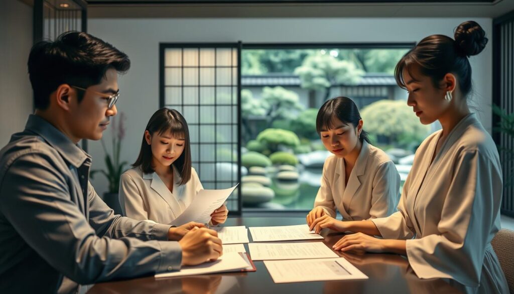 A detailed, meticulously-crafted image showcasing the comprehensive salary structure of experienced Japanese massage therapists. The foreground depicts three young, professional-looking Japanese models - a man and two women - sitting at a table reviewing salary documents and discussing compensation details. The middle ground shows an immaculate massage parlor interior with sleek, minimalist decor and soft, diffused lighting. The background depicts a serene, traditional Japanese garden with lush greenery and a tranquil pond. The overall mood is one of precision, diligence, and a deep understanding of the intricacies of the massage therapy profession in Japan.
