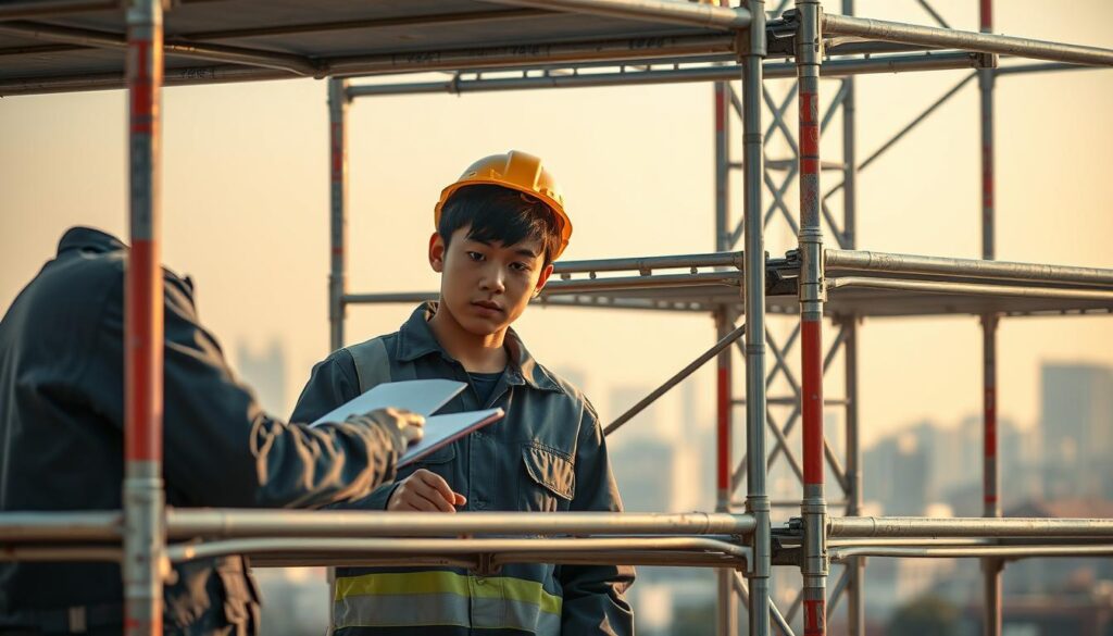 A detailed, meticulously crafted scene of two young Japanese workers diligently performing a safety inspection on a partially constructed scaffolding system. The foreground showcases the workers, their faces focused and expressions earnest, closely examining the structure's integrity and stability. The middle ground features the scaffolding itself, its intricate lattice of metal beams and platforms illuminated by soft, natural lighting. In the background, a hazy urban skyline suggests the setting of an active construction site. The overall mood is one of professionalism, care, and attention to safety protocols, conveying the importance of this crucial task within the broader context of the workers' responsibilities.
