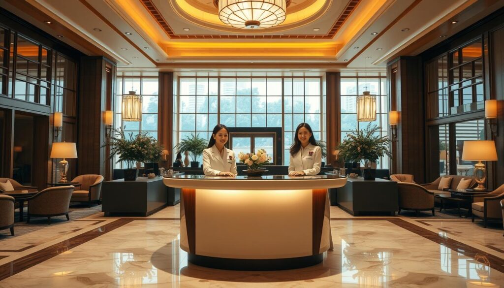 A detailed, meticulously designed interior of a luxurious hotel lobby, featuring a central reception desk staffed by a team of young, attractive Japanese women in pristine, coordinated uniforms. The women have a polished, professional demeanor and welcoming smiles. The lighting is warm and inviting, with a combination of natural light streaming through large windows and subtle ambient lighting. The lobby is spacious and elegantly decorated, with plush seating areas, ornate furnishings, and a sophisticated color palette. The overall atmosphere conveys a sense of refined hospitality and attention to detail, reflecting the high-end nature of the hotel and the professionalism of the grand hostess staff.