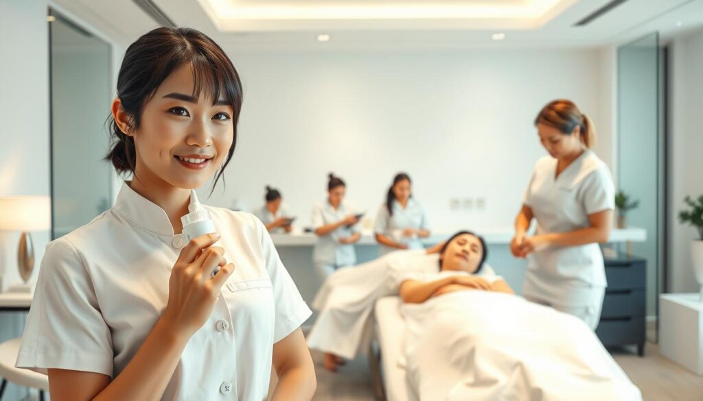 A detailed, photorealistic scene depicting the career path of an esthetician. In the foreground, a young Japanese woman in a white uniform stands confidently, her expression serene as she applies skincare products to a client's face. Behind her, two other estheticians in similar attire perform various treatments - one administering a facial massage, the other performing a body wrap. The middle ground showcases a progression of steps, from a student learning in a classroom setting to an experienced professional leading a team. The background features a sleek, modern spa environment with minimalist decor, soft lighting, and an atmosphere of tranquility and relaxation.