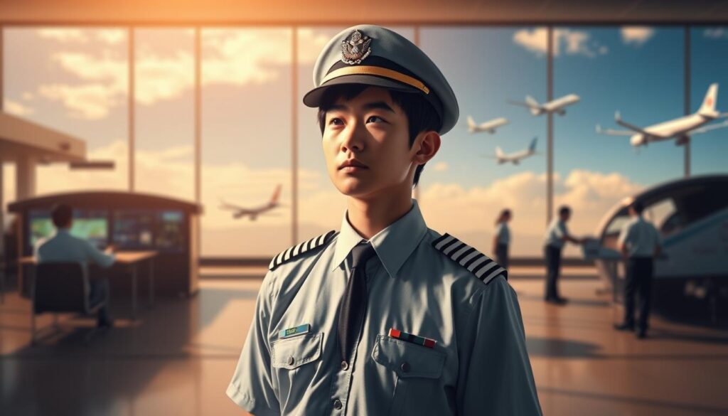 A detailed, photorealistic scene of a pilot's career growth stages. In the foreground, a young Japanese pilot in uniform stands with a determined expression, gazing out at their future. In the middle ground, they progress through various flight training exercises, from classroom instruction to cockpit simulations. The background depicts the stages of a pilot's career, from regional flights to international routes, with aircraft silhouettes in the sky. The lighting is natural and warm, capturing the dedication and ambition of the pilot's journey. The composition emphasizes the linear progression of the pilot's career path, with a sense of depth and professionalism throughout the scene.
