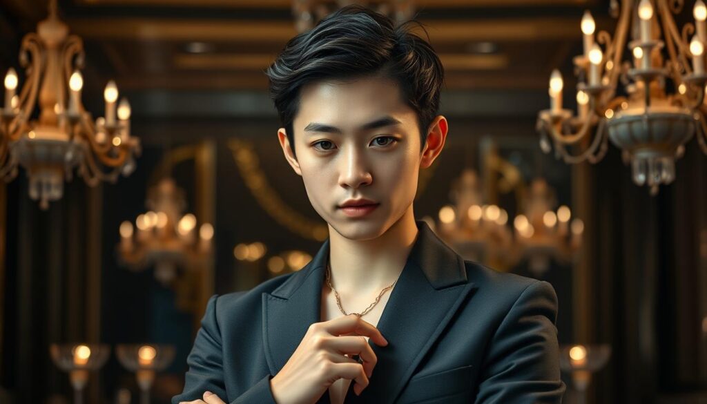 A detailed portrait of a young, Japanese-looking jewelry designer set against a luxurious, dimly lit backdrop. The designer, dressed in a sleek, modern outfit, stands confidently with an expression of focused concentration. Soft, dramatic lighting highlights the intricate details of their work, showcasing their mastery of the craft. The scene conveys a sense of sophistication, professionalism, and the designer's deep dedication to their art. The background is filled with subtle hints of their affluent clientele, such as the reflection of opulent chandeliers or the subtle glow of precious gemstones.