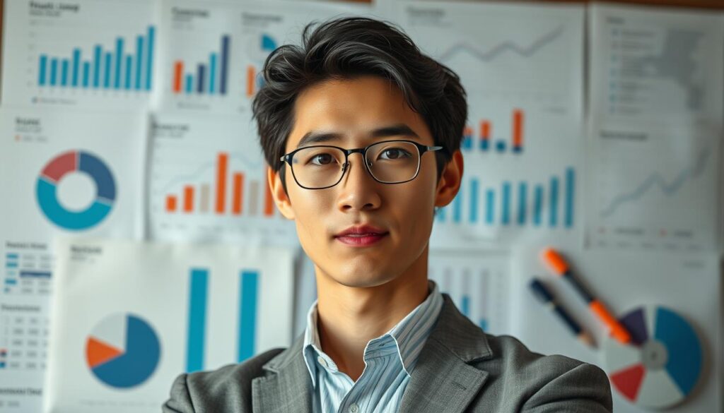 A detailed portrait of a young, professional Japanese financial planner, showcased against a softly blurred background of financial documents, graphs, and analytical tools. The subject stands in a thoughtful pose, their expression conveying deep expertise and focus. Warm, natural lighting illuminates their face, creating a sense of authority and trust. The overall composition emphasizes the planner's specialized knowledge and ability to navigate complex financial matters, reflecting the importance of this expertise in the field.