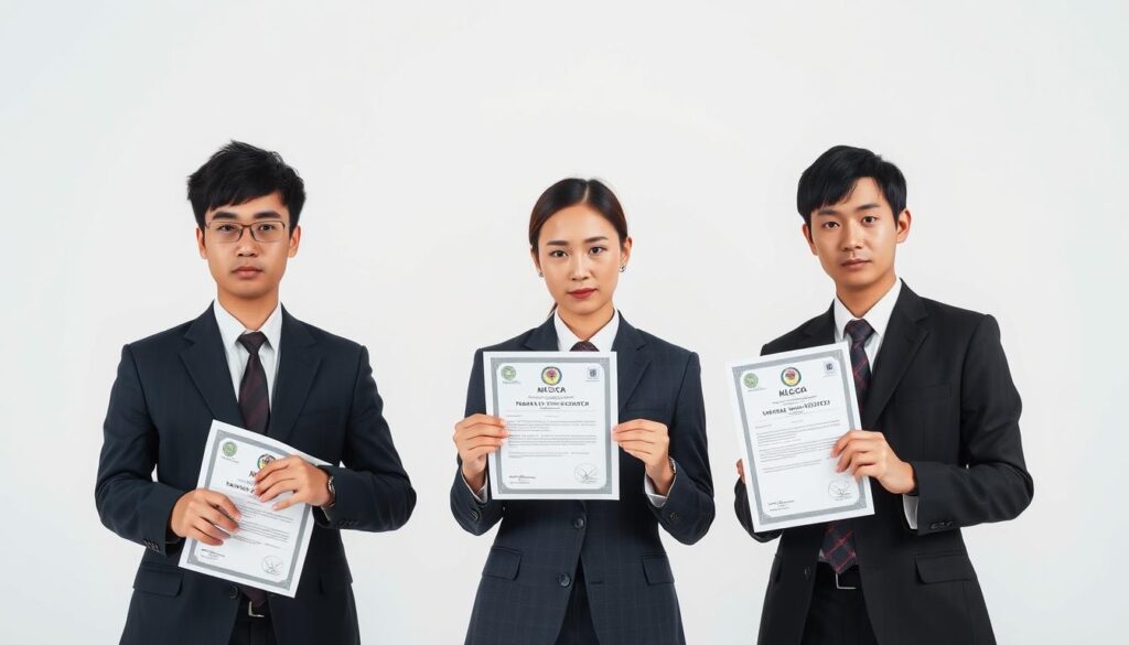 A detailed, professional image showcasing the essential qualifications and requirements for the esteemed role of a Marshaller. Set against a clean, minimal background, the focus is on three young, Japanese-looking individuals in business attire, each holding a specific certification or document related to the Marshaller position. Soft, even lighting accentuates their serious expressions, conveying the gravity and importance of the role. The image should evoke a sense of professionalism, expertise, and the rigorous standards expected of Marshallers. No distracting elements; the visual emphasis is solely on the qualifications and the individuals embodying them.