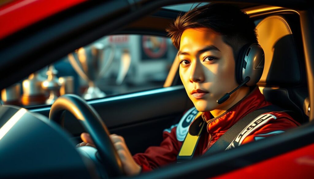 A detailed racing driver's income sources, showcasing a young Japanese-looking model in a sleek sports car, bathed in soft, warm lighting. The driver's face is clearly visible, expression focused and determined. In the background, trophies, sponsor logos, and racing gear provide hints of the diverse revenue streams for successful racers. The scene captures the high-intensity, high-stakes world of professional motorsports, with an air of technical precision and financial success.