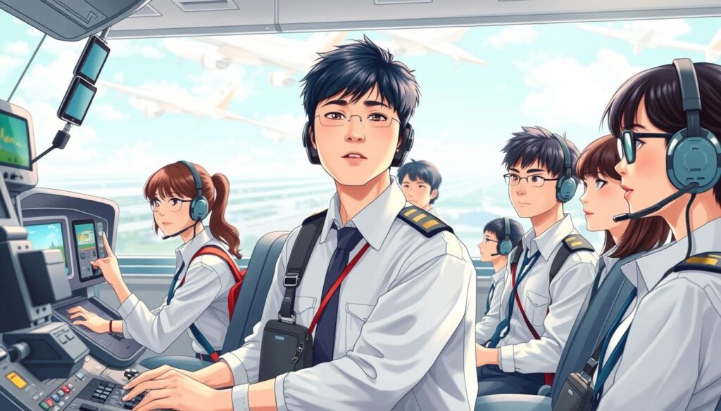 A detailed, realistic career path illustration showcasing the step-by-step journey to becoming a pilot. Set in a clean, modern environment, the image depicts a diverse group of young Japanese-looking individuals navigating through various stages of pilot training and licensure. The foreground highlights detailed technical equipment and aviation-themed accessories, while the middle ground showcases the pilots-in-training engaged in hands-on learning activities. The background features a softly blurred aviation-themed landscape, conveying a sense of professionalism and aspiration. The overall mood is one of focus, determination, and the pursuit of a rewarding career in the skies.