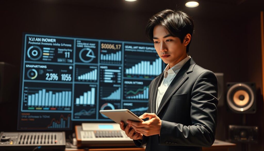 A detailed, realistic image showcasing a Japanese video jockey's annual earnings analysis. In the foreground, a well-dressed, youthful-looking Japanese man with dark hair stands confidently, his expression serious as he reviews financial data on a sleek tablet device. The middle ground features a holographic display projecting a variety of detailed infographics and charts, illustrating the VJ's income, expenses, and earnings trends. The background is dimly lit, with subtle hints of professional studio equipment and audio gear, creating a polished, high-tech atmosphere. Soft, directional lighting casts dramatic shadows, emphasizing the subject's thoughtful demeanor. The overall composition conveys a sense of professionalism, expertise, and data-driven analysis related to the video jockey's career and financial standing.
