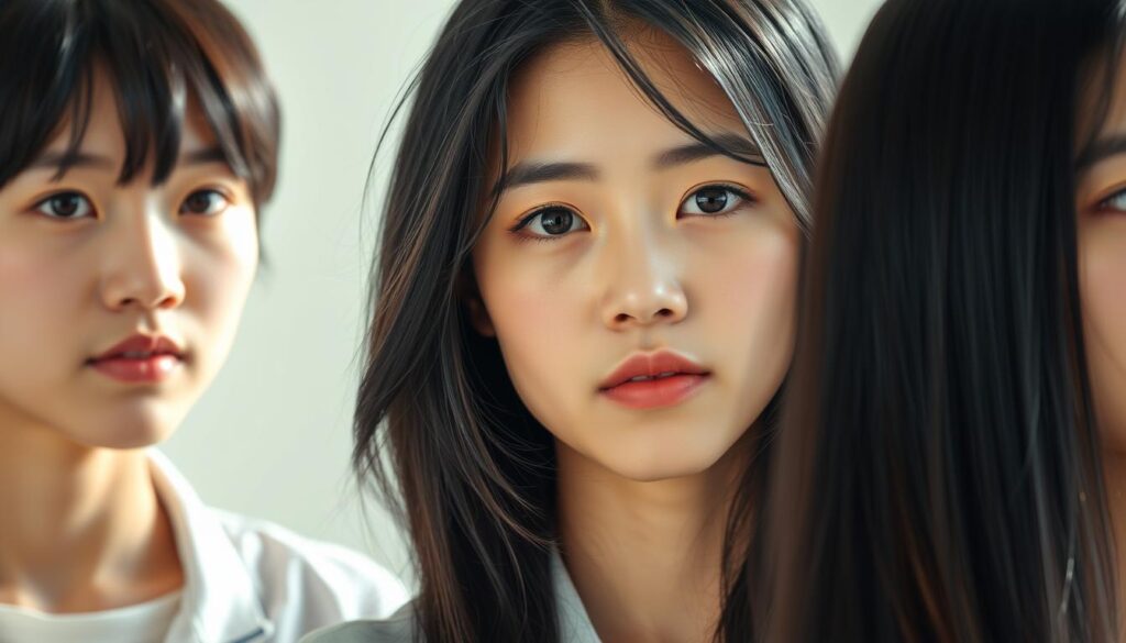 A detailed, realistic portrait of three young Japanese individuals with black hair, showcasing the importance of the clinical psychologist certification. The subjects are displayed in a mid-shot, their faces expressing a thoughtful, focused demeanor. The lighting is natural, creating a warm, inviting atmosphere. The background is blurred, placing the emphasis on the central figures and their professional qualifications. The overall composition is balanced, with the subjects positioned strategically to draw the viewer's attention to the clinical psychologist certification, a crucial aspect of the school counselor's role.