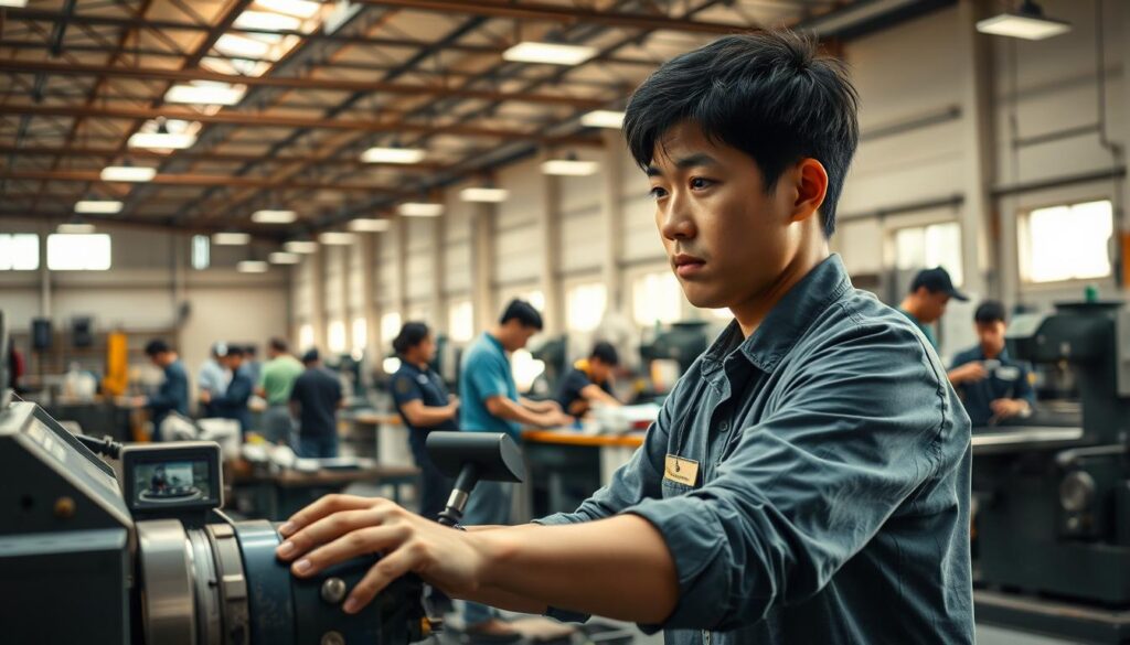 A detailed, realistic scene depicting the career path of a milling machine operator. In the foreground, a young Japanese-looking man in a workshop setting, focused on operating a precision milling machine, his hands deftly controlling the intricate controls. In the middle ground, several other workers in similar roles, each at different stages of their careers, engaged in various tasks around the workshop. The background shows a well-equipped, modern industrial facility with high ceilings, ample natural lighting, and a sense of order and productivity. The lighting is natural and directional, casting warm tones and shadows that accentuate the technical details. The overall mood is one of focused professionalism, with a sense of progression and opportunity within this skilled technical field.