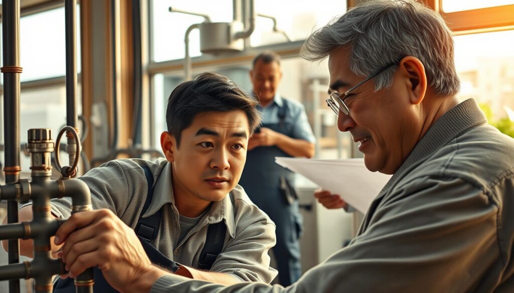 A detailed, realistic scene depicting the career progression of a Japanese plumber. In the foreground, a young plumber works on a residential piping system, his brow furrowed in concentration. Behind him, a middle-aged plumber oversees a team of workers installing a commercial HVAC system. In the background, an experienced, grey-haired plumber reviews blueprints, guiding a group of apprentices. Warm, natural lighting filters through large windows, casting a serene, professional atmosphere. The composition emphasizes the skills, responsibilities, and advancement opportunities within the plumbing trade, showcasing a fulfilling, evolving career path.