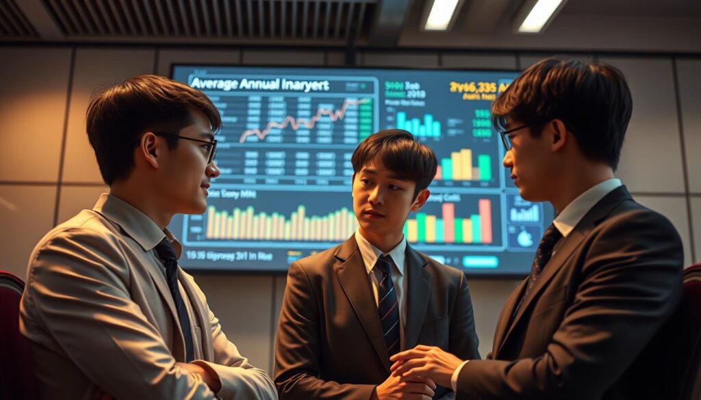 A detailed, realistic scene depicting the financial analysis of a dispatcher's average annual income. The foreground shows a group of three young Japanese-looking professionals, smartly dressed, intensely examining financial data and charts displayed on a large, high-resolution screen. Soft, warm lighting from above casts a contemplative mood, while the background features a sleek, modern office environment with clean lines and muted colors. The overall atmosphere conveys a sense of diligent, data-driven analysis to uncover insights about dispatcher compensation and career prospects.
