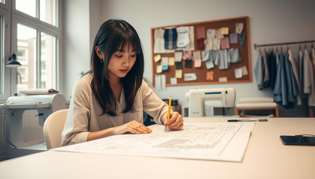 A detailed, realistic scene of a Japanese fashion patternmaker's daily schedule. In the foreground, a young, dark-haired patternmaker diligently sketches designs at a drafting table, pencil in hand. Behind them, a sewing machine and fabric bolts hint at the hands-on work to come. In the middle ground, a bulletin board displays fabric swatches, measurements, and sticky notes, conveying the organizational demands of the role. The background depicts a clean, well-lit studio space, with large windows casting natural light over the workspace. The atmosphere is focused and productive, capturing the dedicated nature of a patternmaker's work. Subtle, warm lighting and muted tones lend a professional, artistic feel to the scene.