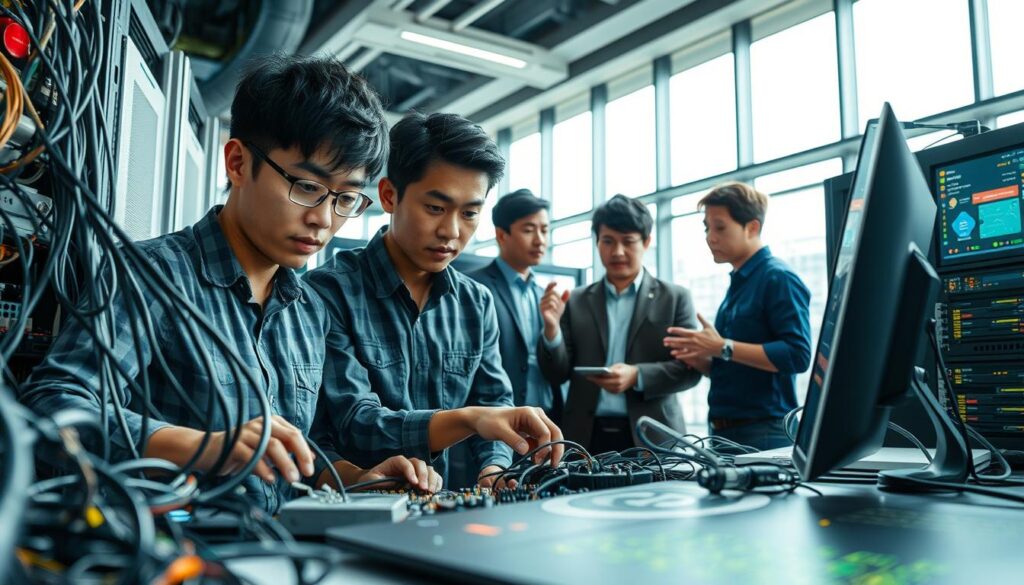 A detailed scene depicting a group of young, Japanese-looking network engineers, their faces focused and determined, surrounded by a tangle of cables, servers, and glowing screens. The foreground features two engineers closely examining a circuit board, their expressions intense as they troubleshoot a problem. In the middle ground, another engineer is gesturing animatedly, discussing network architecture with colleagues. The background showcases a sleek, modern office environment, with large windows allowing natural light to flood the space. The overall atmosphere conveys a sense of technical expertise, problem-solving, and teamwork.