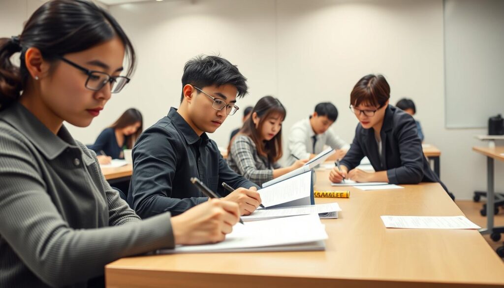 A detailed scene of a barista certification exam, featuring a group of young Japanese individuals sitting at desks, intently focused on their written tests. The setting is a well-lit, modern classroom with clean lines and minimalist decor, creating a professional and academic atmosphere. The examinees have a serious expression, their bodies poised with concentration, as they carefully fill out their answer sheets. The lighting is natural and diffused, highlighting the intensity of the moment and the gravity of the certification process. The scene conveys the rigor and importance of this barista qualification, capturing the determination and commitment of those pursuing this specialized career path.