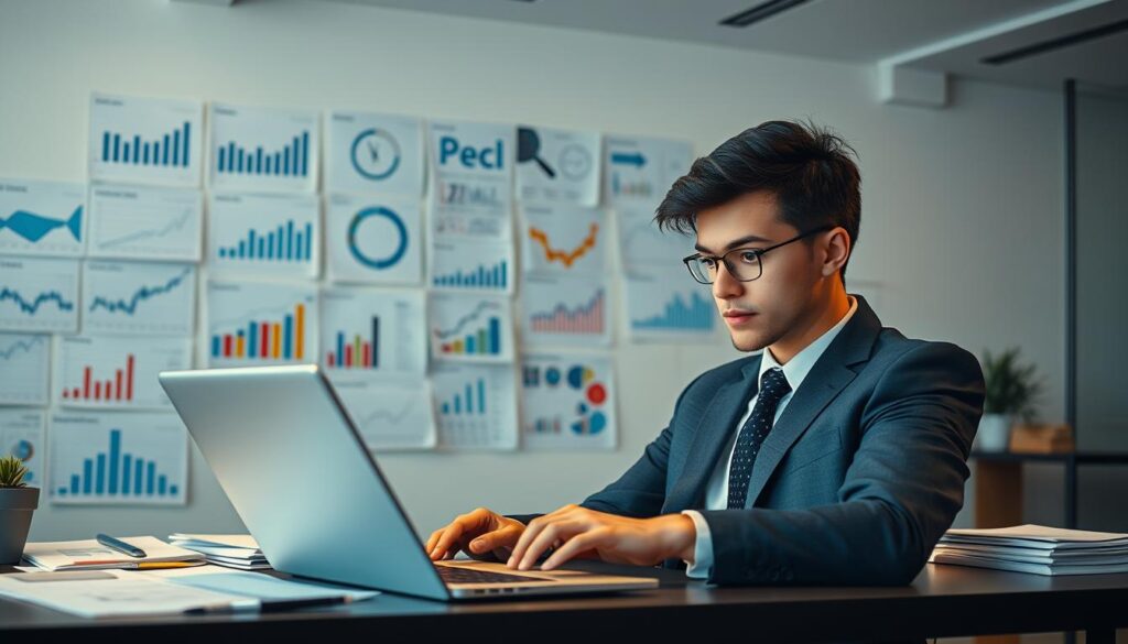 A detailed scene of a fund manager's essential skill set. In the foreground, a focused young professional in a tailored suit thoughtfully analyzing financial data on a laptop, ambient lighting casting a warm glow. In the middle ground, various charts, graphs, and financial reports are neatly arranged, conveying their expertise in data analysis and investment strategy. The background features a sleek, minimalist office environment with clean lines and muted tones, emphasizing the methodical, analytical nature of the fund manager's work. The overall mood is one of calm competence and intellectual rigor, reflecting the specialized knowledge and decision-making abilities required for this role.
