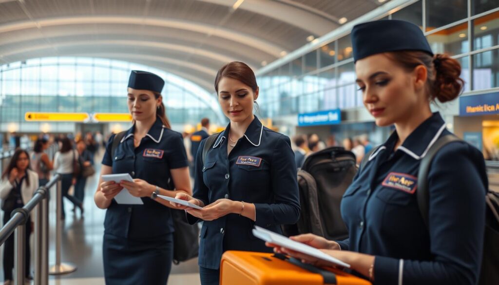 A detailed scene of a group of flight attendants diligently managing safety and risk mitigation procedures in an airport terminal. The foreground features three female attendants in crisp, navy blue uniforms meticulously checking boarding passes, directing passengers, and attending to emergency equipment. The middle ground depicts a bustling concourse with travelers hurrying through, while the background showcases the sweeping architecture of the terminal's glass-paneled facade, illuminated by warm, diffused lighting. The attendants' expressions convey a sense of focused professionalism as they ensure the safety and well-being of all passengers.
