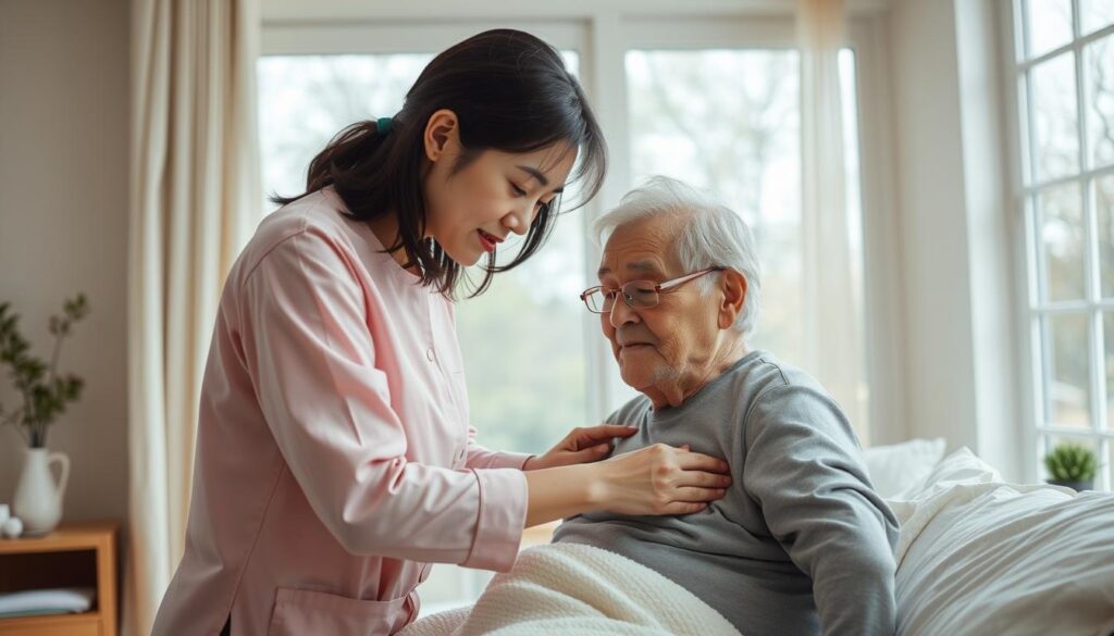 A detailed scene of a home caregiver assisting an elderly person with their daily personal care routine. The caregiver, a young Japanese woman with dark hair, tenderly helps the elder bathe, dress, and move about their bedroom, which is filled with natural light from large windows. The caregiver's movements are gentle and attentive, reflecting the care and patience required for this type of work. The elder appears relaxed and comfortable, conveying the trust and rapport between the two. The atmosphere is one of quiet, intimate care, showcasing the essential hands-on duties of a home health aide.