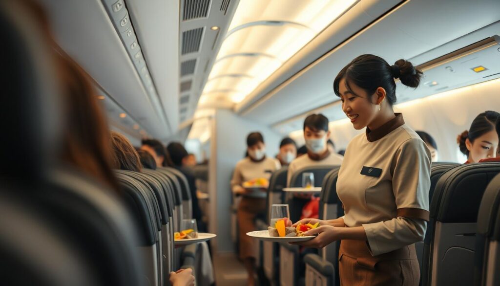 A detailed scene of a modern aircraft cabin during in-flight service. A team of attentive young Japanese flight attendants in crisp uniforms gracefully moving through the aisles, offering passengers a variety of hot meals, beverages, and snacks. The lighting is soft and warm, creating a comfortable and welcoming atmosphere. The cabin interior features clean, minimalist design with muted colors. The attendants' movements are fluid and precise, reflecting their professionalism and dedication to providing excellent customer service. The passengers appear relaxed and satisfied, enjoying the high-quality in-flight experience.